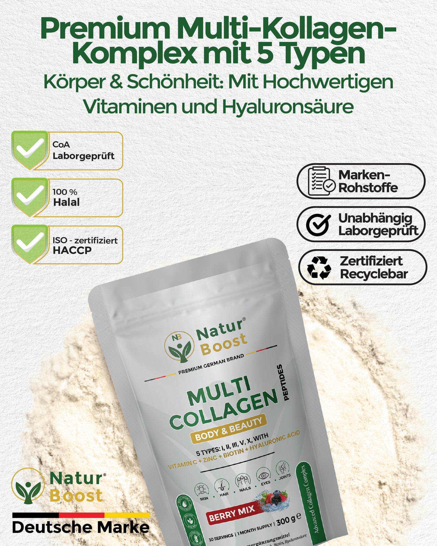 Multi Kollagen Komplex 5 Typen (I-X) mit Peptan & Colartix | Hyaluron, Biotin, Zink & Vitamin C | Wildbeere Pulver: Haut, Haare, Nägel, Sehkraft & Knochen | 300g (30 Port.) | Made in EU