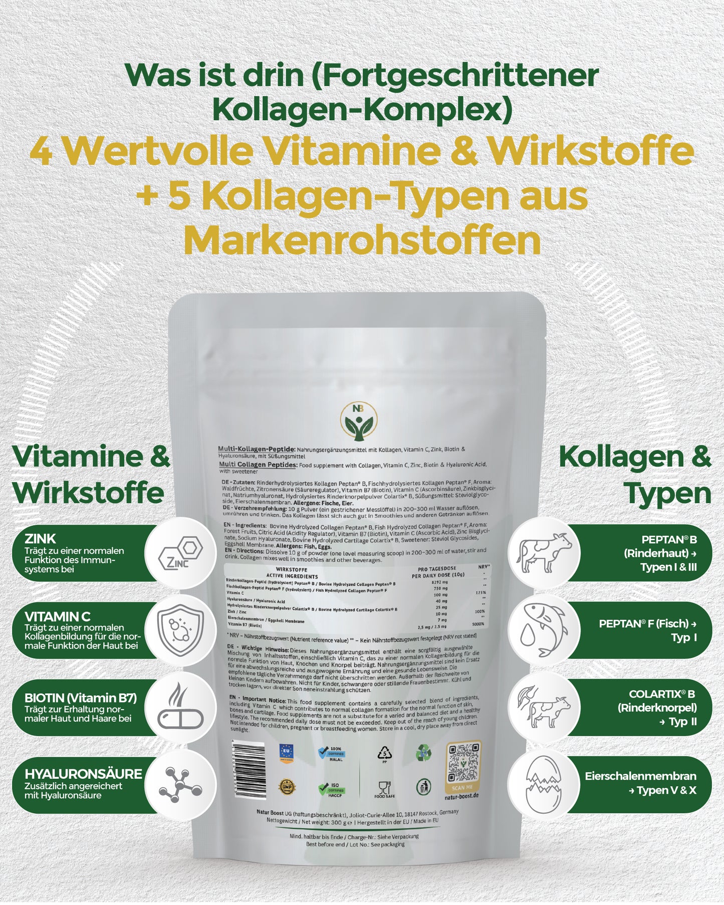 Multi Kollagen Komplex 5 Typen (I-X) mit Peptan & Colartix | Hyaluron, Biotin, Zink & Vitamin C | Wildbeere Pulver: Haut, Haare, Nägel, Sehkraft & Knochen | 300g (30 Port.) | Made in EU
