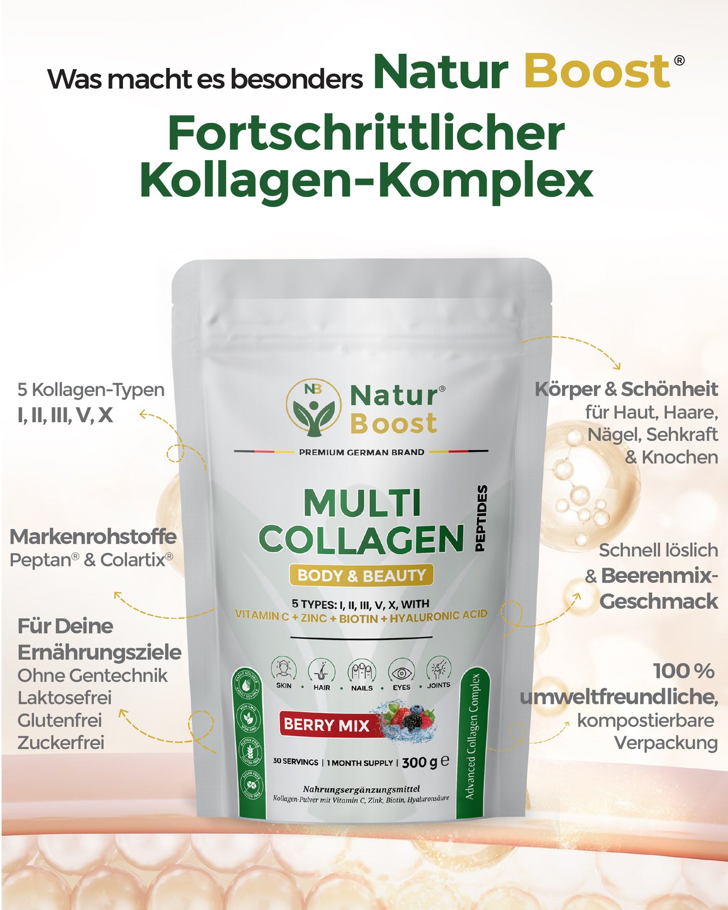 Multi Kollagen Komplex 5 Typen (I-X) mit Peptan & Colartix | Hyaluron, Biotin, Zink & Vitamin C | Wildbeere Pulver: Haut, Haare, Nägel, Sehkraft & Knochen | 300g (30 Port.) | Made in EU