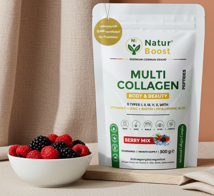 Multi Kollagen Komplex 5 Typen (I-X) mit Peptan & Colartix | Hyaluron, Biotin, Zink & Vitamin C | Wildbeere Pulver: Haut, Haare, Nägel, Sehkraft & Knochen | 300g (30 Port.) | Made in EU