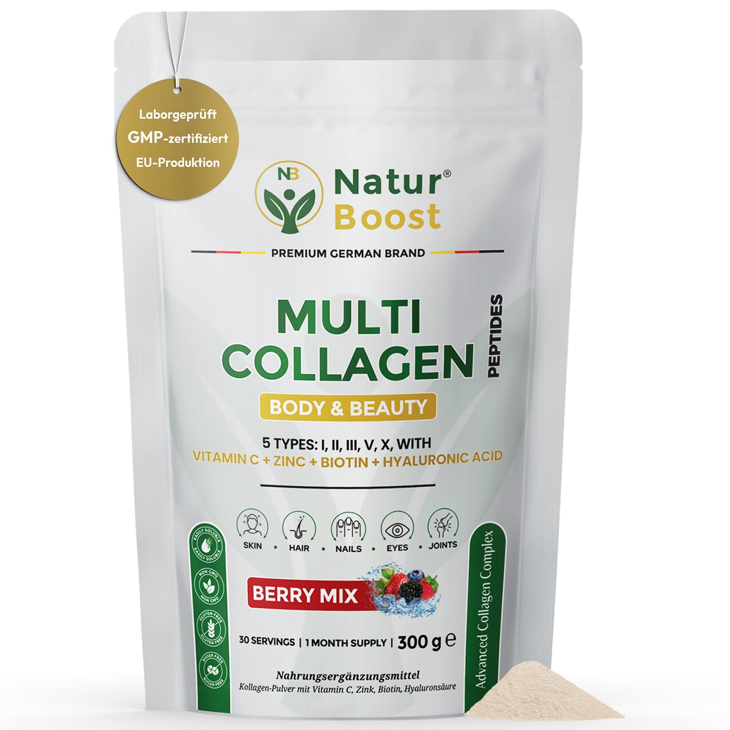 Multi Kollagen Komplex 5 Typen (I-X) mit Peptan & Colartix | Hyaluron, Biotin, Zink & Vitamin C | Wildbeere Pulver: Haut, Haare, Nägel, Sehkraft & Knochen | 300g (30 Port.) | Made in EU